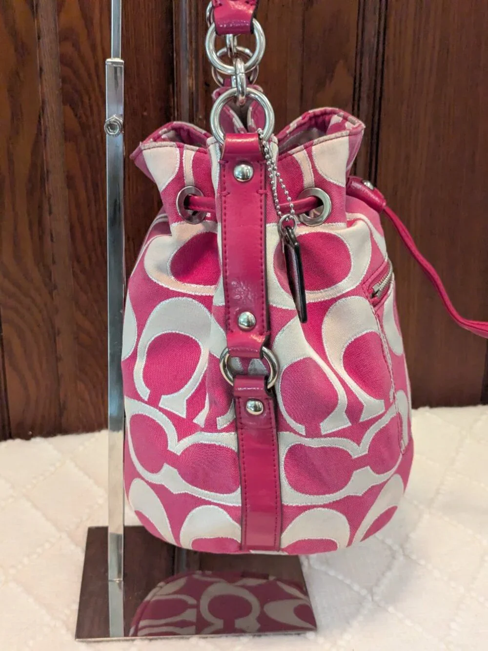 Coach Poppy Bucket Bag Medium Pink, Cream & Silver Good Drawstring